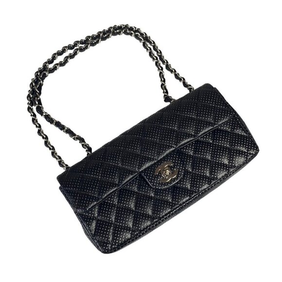 Chanel East West Classic Shoulder Flap Bag Black Quilted Perforated Leather - Picture 4 of 16
